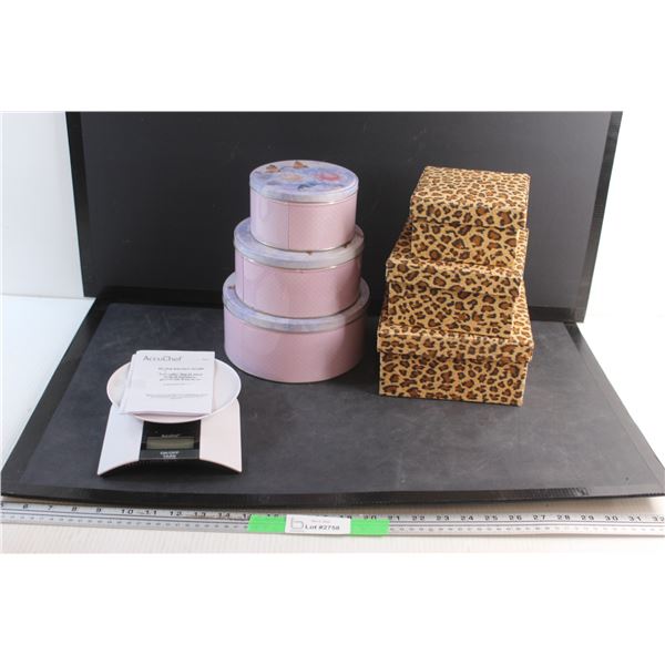 AccuChef Digital Kitchen Scale - Tested, (3) Storage Tins and (3) Leopard Pattern Storage Boxes