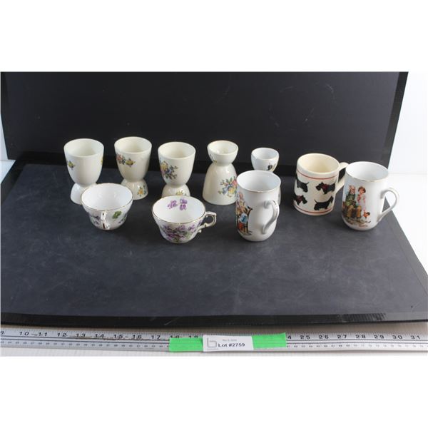 (5) Ceramic Egg Holders, (3) Mugs and (2) Tea Cups