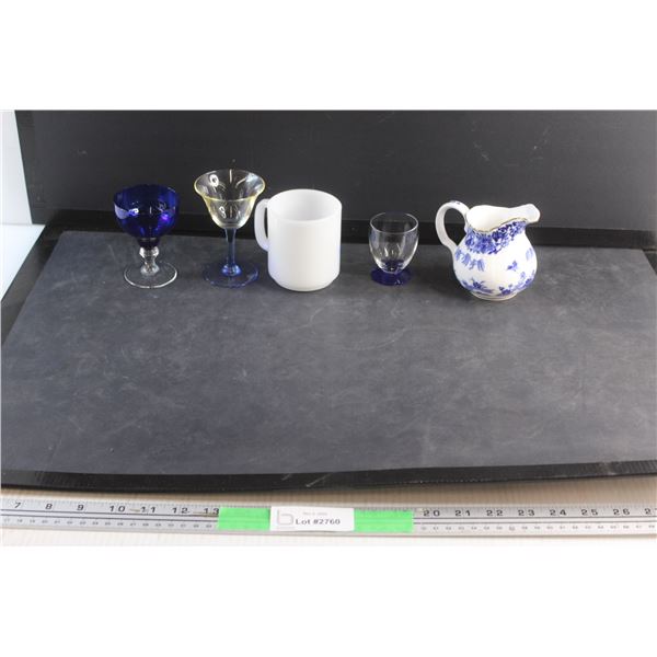(2) Blue Glass Goblets, Mug, Liquor Shot Glass and a Creamer