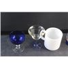 Image 4 : (2) Blue Glass Goblets, Mug, Liquor Shot Glass and a Creamer