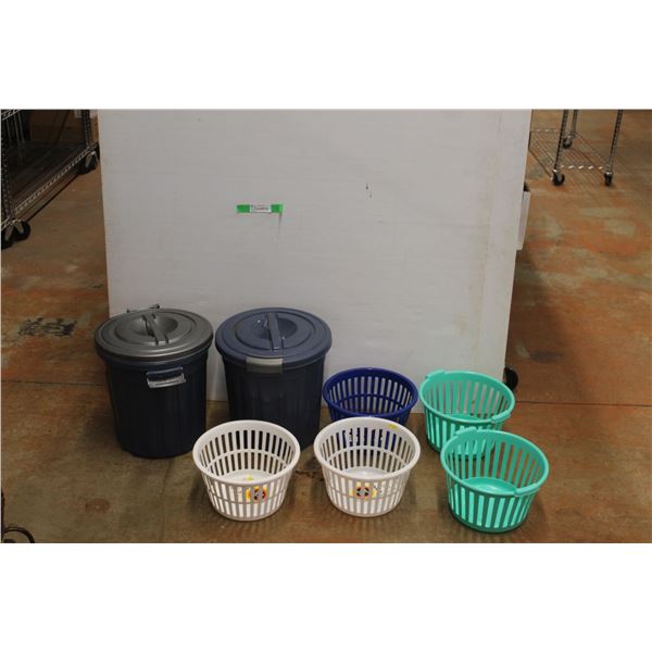 * (5) Plastic Baskets and (2) Garbage Cans