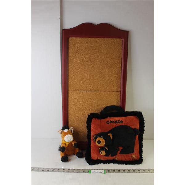 Hanging Cork Board 28.5" Tall x 14", 3D Black Bear Pillow 1' x 1', Curto Toy Plush Donkey - Sits 7" 