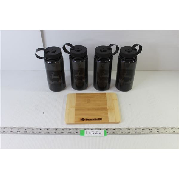 Draxxin KP Mini Cutting Board - Wood 8" x 6.5", (4) John Deere Plastic Water Bottles 7.5" Tall