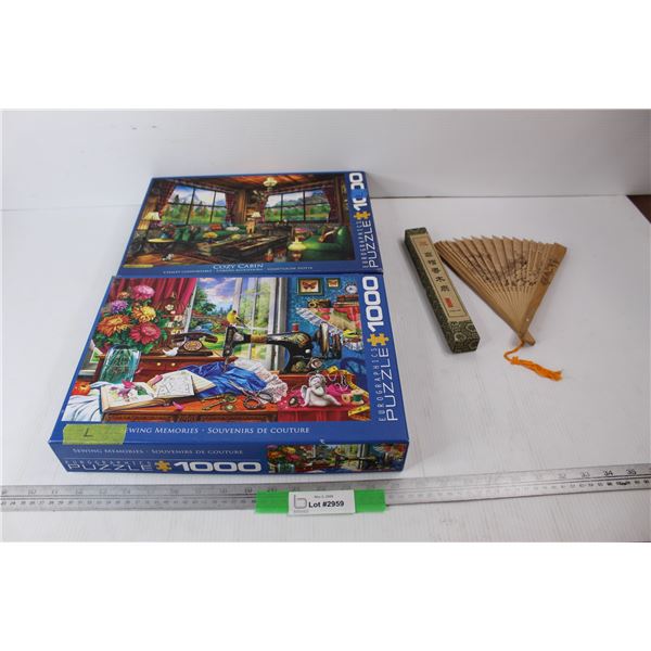 (2) 1000 Piece Jigsaw Puzzles, Oriental Style Fan w/ Box