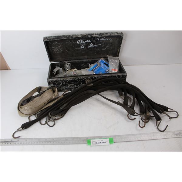 (10) Rubber Bungee Straps, Rachet Strap, Metal tool Bow w/ Chains, Coat Hooks, Misc.