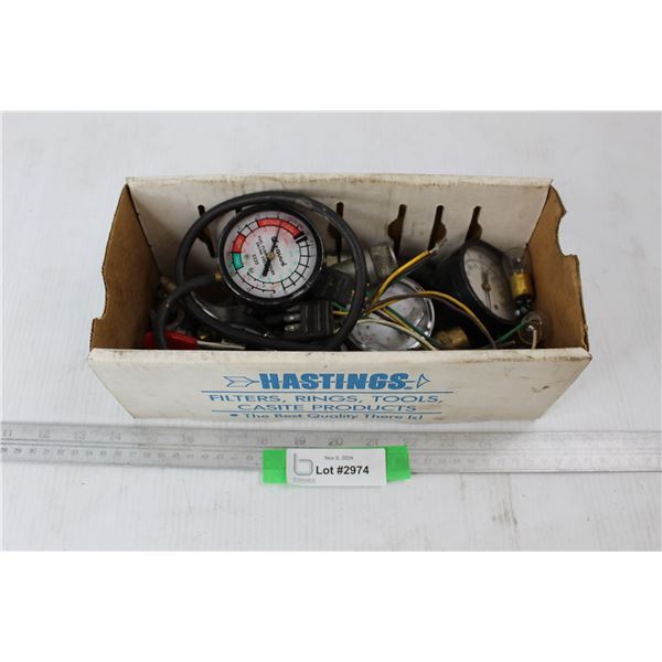 Box Of Pressure Gauges, Brass Air Tool Fittings, Misc.