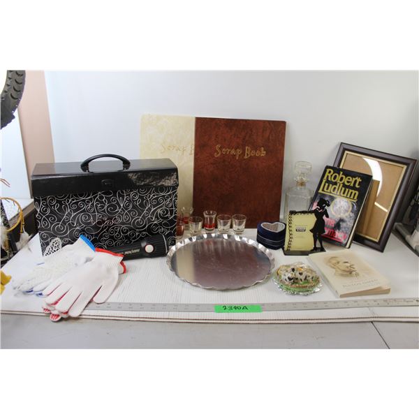 * (7) Shot Glasses, Liquor Bottle, (2) Books, (2) Scrap Books, File Organizer, Picture Frame, Assort