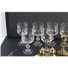 Image 3 : (2) Brass Candle Holders, Necklace, Brass Salt & Pepper Shakers and (8) Glass Goblets
