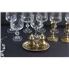 Image 4 : (2) Brass Candle Holders, Necklace, Brass Salt & Pepper Shakers and (8) Glass Goblets