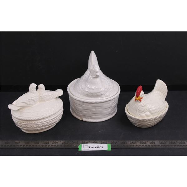 (2) Ceramic Hen On Nests, Ceramic Birds Basket Dish