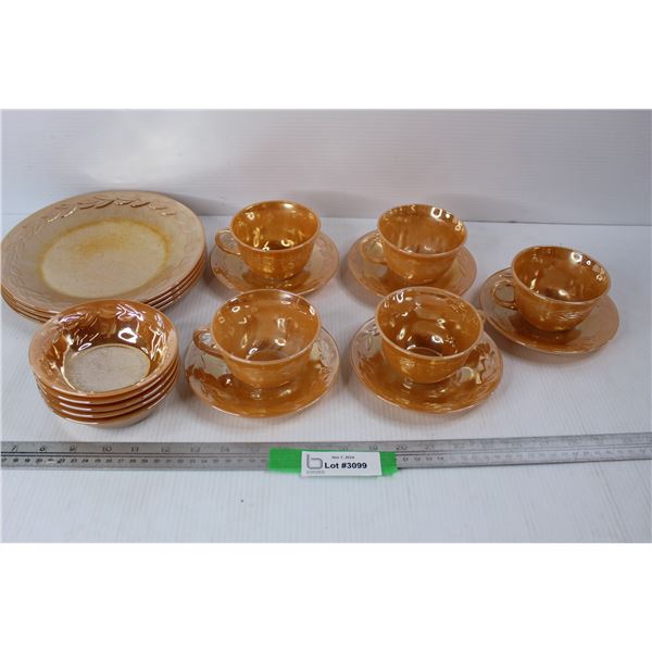 (4) Peach Luster Fire King Cups w/ Saucers And (4) Bowls, (4) Plates