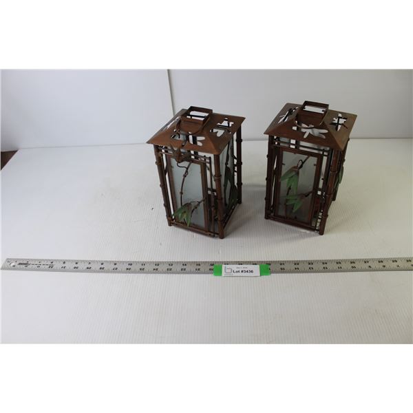 (2) Candle Holders - Asian Theme - Metal And Glass - 9" Tall x 5" x 5"