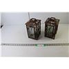 Image 1 : (2) Candle Holders - Asian Theme - Metal And Glass - 9" Tall x 5" x 5"