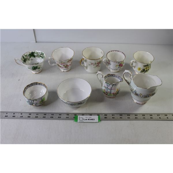 Fine China - (5) Teacups, (2) Cream & Sugar Holders (Paragon, Royal Albert)