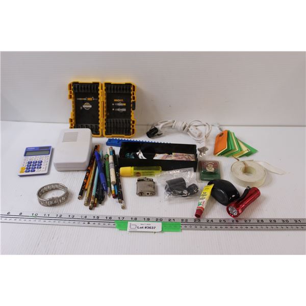 Lot: Calculator, Flashlight, Tags, Lighter - as is, Watch, Pencils, Drill Bit Case, Misc.