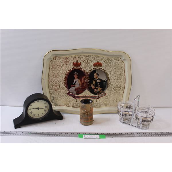 Vintage Cup Set w/Carrying Holder, Queen Elizabeth II - 1977, IKEA Mantle Clock (Battery), Blue Ambe
