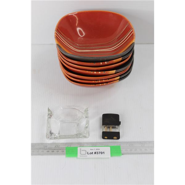 (7) HomeTrends Bowls, Clear Ashtray w/ Lighter- Working