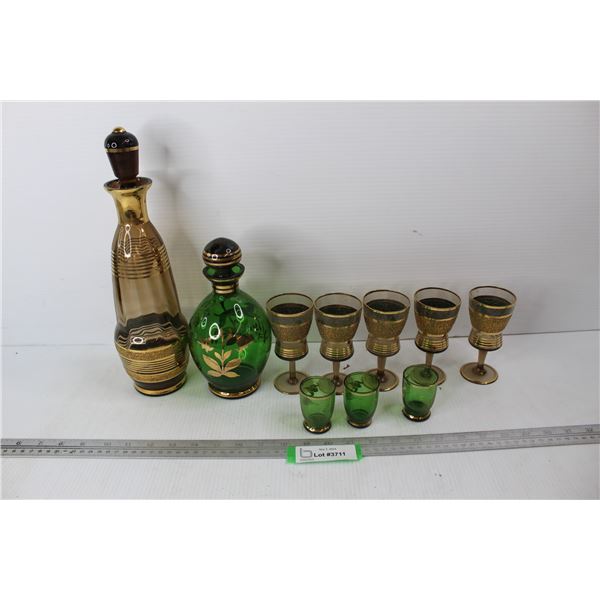 (2) Decanter Sets - Green with Gold - 3 Glasses - Smoky Glass with Gold -5 Glasses