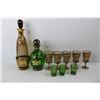 Image 2 : (2) Decanter Sets - Green with Gold - 3 Glasses - Smoky Glass with Gold -5 Glasses