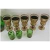 Image 3 : (2) Decanter Sets - Green with Gold - 3 Glasses - Smoky Glass with Gold -5 Glasses