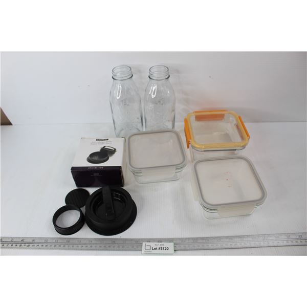 Epicure 3 in 1 Burger Press w/ Box, (3) Glasslock Container w/ Lids, Misc.