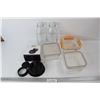 Image 1 : Epicure 3 in 1 Burger Press w/ Box, (3) Glasslock Container w/ Lids, Misc.