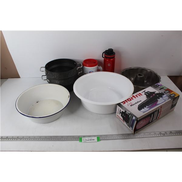 Starfrit Cabbage Cutter- NIB, Bunt Cake Pan, Enamel Ware Bowl, Esso Coffee Cup w/ Tiger, Misc.