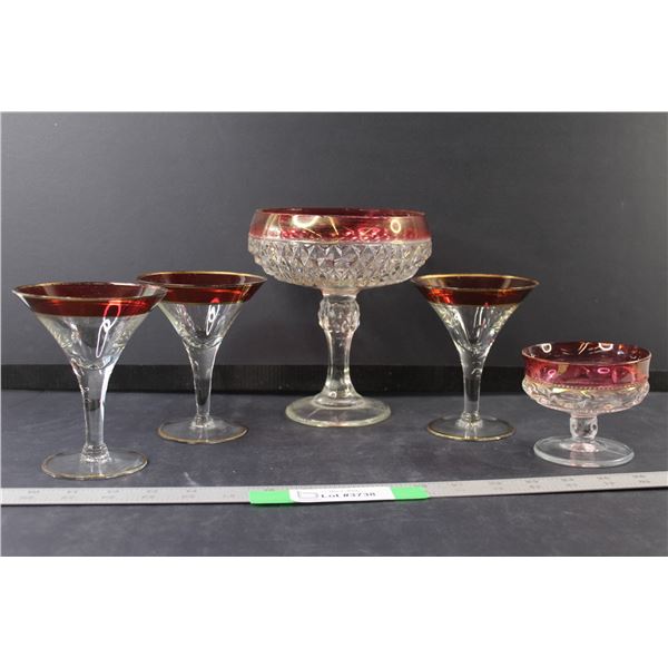 Diamond Point Ruby Compote, Small Ruby Compote, (3)Cranberry and Gold Cocktail Glasses