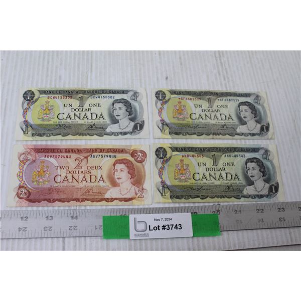 (3) Canadian One Dollar Bills Ottawa 1973, Canadian Two Dollar Bill Ottawa 1974