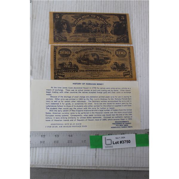 Republic Of Hawaii 5 and 100 Dollar Bills Replicas
