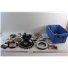 Image 1 : Small Plastic Tote, LED Strip Lights, Decorative Porcelain Masks, Collar, Faux Lashes and Assorted I