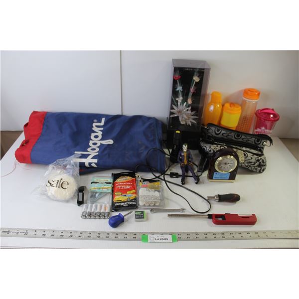 Flower Lamp (working), Hogan Golf Bag, Joker Action Figure, Hand Bag, (4) Plastic Bottles, Atomic Be