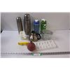 Image 1 : Thermoses, Water Bottles, Measuring Cups & Spoons, Ice Cube Tray, Canister with Decorative Stones,