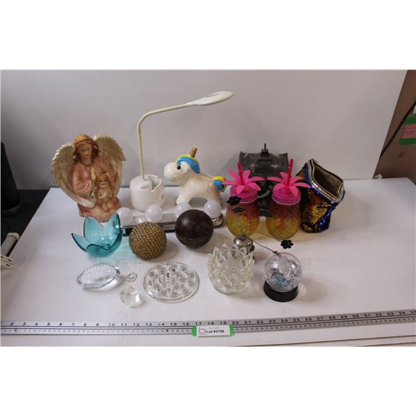 Coin Bank, Lamp, Lantern, Angel Ornament, Glass Ornaments, Pineapple Beverage Jars, etc.