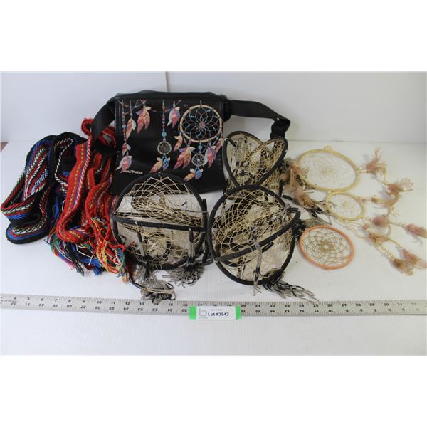 (2) Scarves, Shag Wear Shoulder Bag - Indigenous Theme, Assorted "Dream Catcher" Art