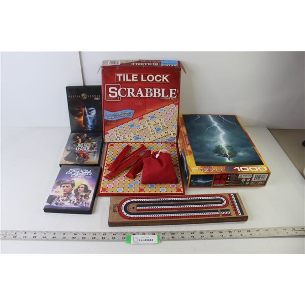 Tile Lock Scrabble, 1000 Piece "Lightning Strike" Jigsaw Puzzle, (3) DVD Movies (Mortal Kombat, Read