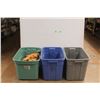 * (3) Plastic Totes 21'' x 16'' and Assorted Towels