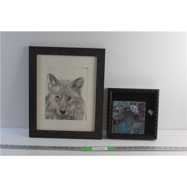 Framed Wolf Drawing 16'' x 13'' and Framed Modern Art Painting 9'' x 9''
