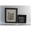 Image 1 : Framed Wolf Drawing 16'' x 13'' and Framed Modern Art Painting 9'' x 9''