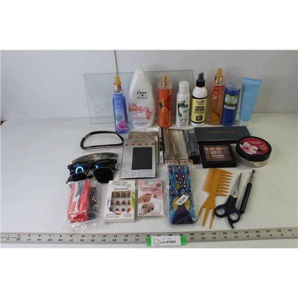 Assorted Amenities (Body Wash, Shea Butter, Cosmetics, False Nails, Wig Caps), Sunglasses, Sharp Sol