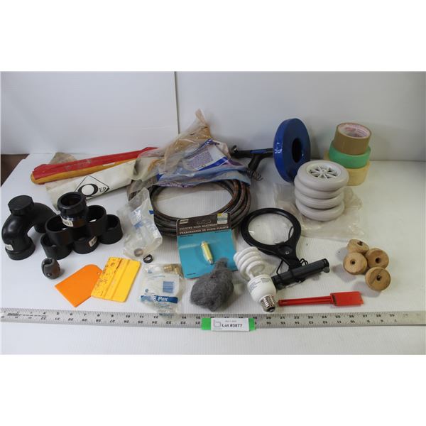 Drain Auger And Extra Line, Assorted Plumbing Fittings, Wheel Sets, Tape, Magnifier, Misc.