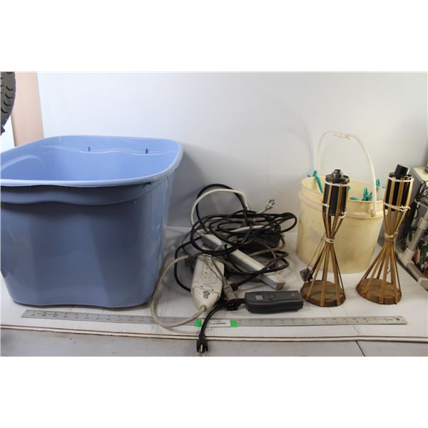Assorted Extension Cords, Pail, Tote