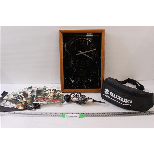 Nipawin Credit Union Clock, Suzuki Fanny Pack, Sony Microphone, "Bitch Slap" Photo Collector Cards S
