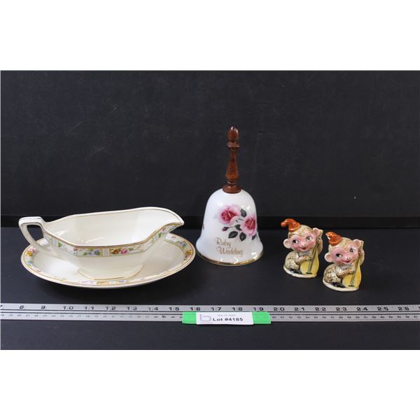 Grindley Brand Gravy Boat Set, Ruby Wedding Bell, Monkey Salt & Pepper Shakers