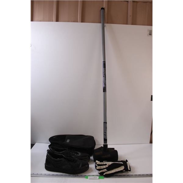 Curling Broom, Gloves, & Men's Size 11 Curling Shoes in Carrying Case