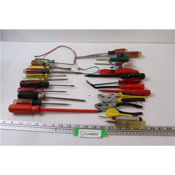 Assorted Screwdrivers, Wires, Pliers, Plastic Push Pin Remover Tool, Misc.