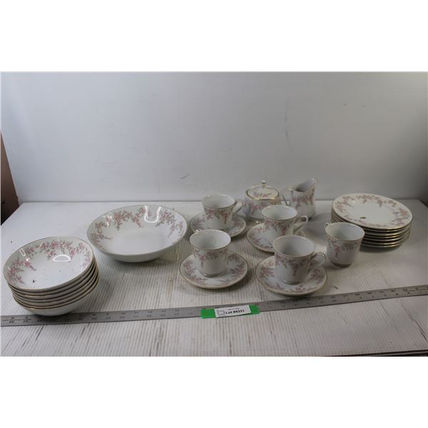 (7) China Plates, (5) Cups, (4) Saucers, Cream and Sugar, (8) Bowls