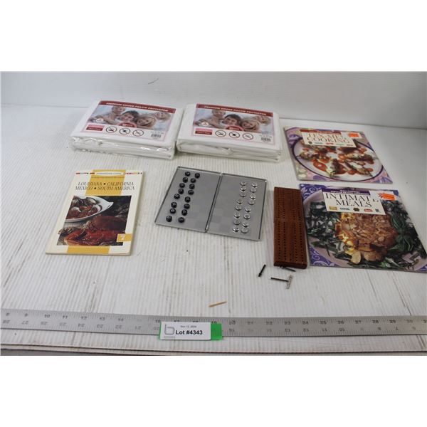 (3) Cookbooks, Small Cribbage and Chess Sets, (2) Premium Zipper Pillow Protectors