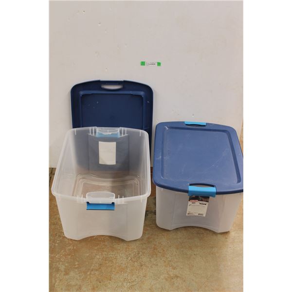 * (2) Clear Plastic Totes With Blue Lids