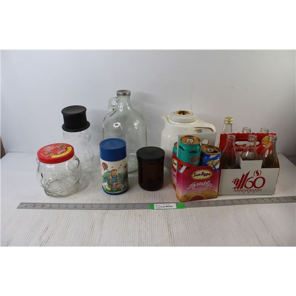 Assorted Jugs, Jars, Cans, and Bottles